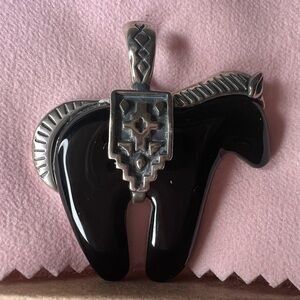 Vintage American West Black Agate Horse Sterling Silver Pendant AW Marked